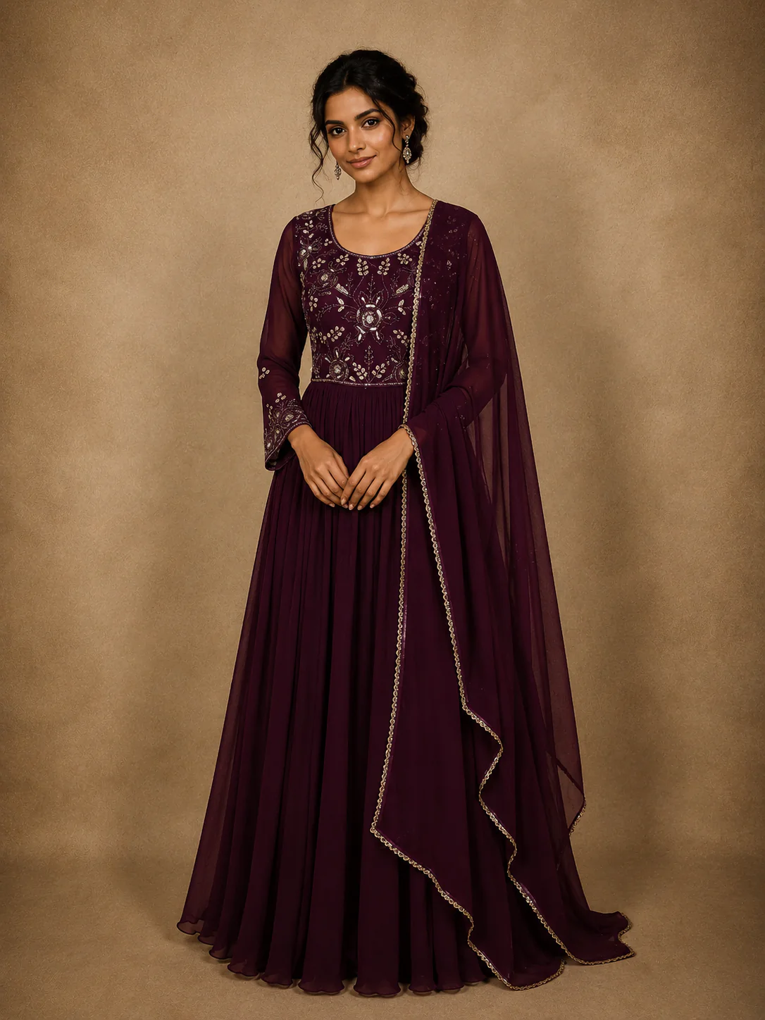 Deep Wine Floral Sequins Embroidered Design Georgette Gown with Dupatta